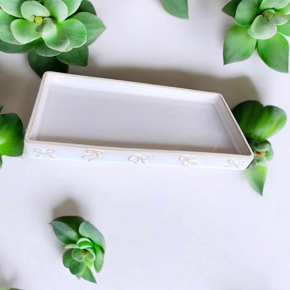 Off White Ceramic 13" Organizer Trinket Cosmetic Makeup  Perfume Tray with Bows